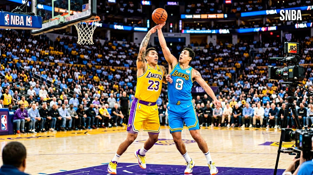 NBA湖人对阵勇士比赛现场，球员激烈拼抢